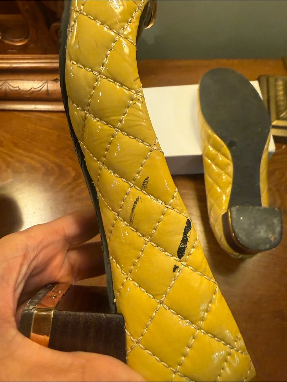 Tory Burch Quilted Patent Leather Block Heel Pumps in Mustard Yellow Size 6.5